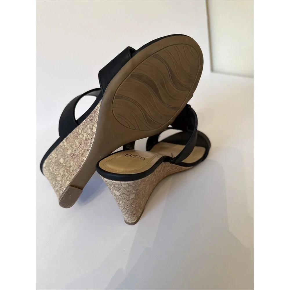 Impo Versie Black Wedge Sandals Gold Ring Detail Cork Heel Womens 8.5W